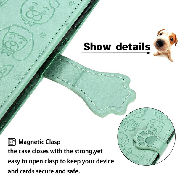 Galaxy A20S Cute Cat and Dog Embossed Horizontal Flip Leather Case with Bracket / Card Slot / Wallet / Lanyard(Green)