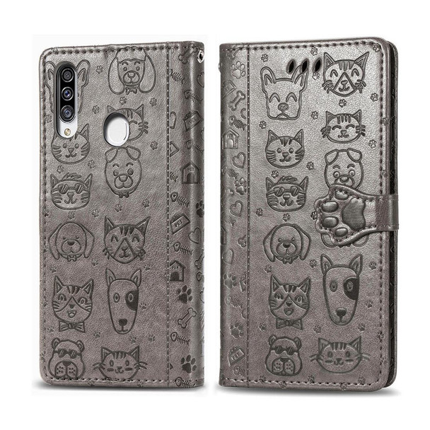 Galaxy A20S Cute Cat and Dog Embossed Horizontal Flip Leather Case with Bracket / Card Slot / Wallet / Lanyard(Gray)