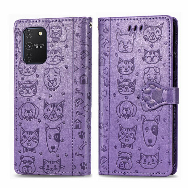 Galaxy S10 Lite/A91 Cute Cat and Dog Embossed Horizontal Flip Leather Case with Bracket / Card Slot / Wallet / Lanyard(Purple)