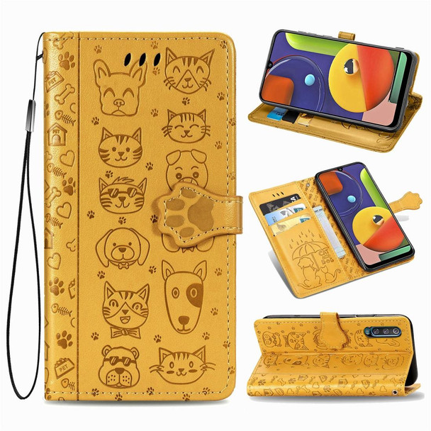 Galaxy A50/A30S/A50S Cute Cat and Dog Embossed Horizontal Flip Leather Case with Bracket / Card Slot / Wallet / Lanyard(Yellow)