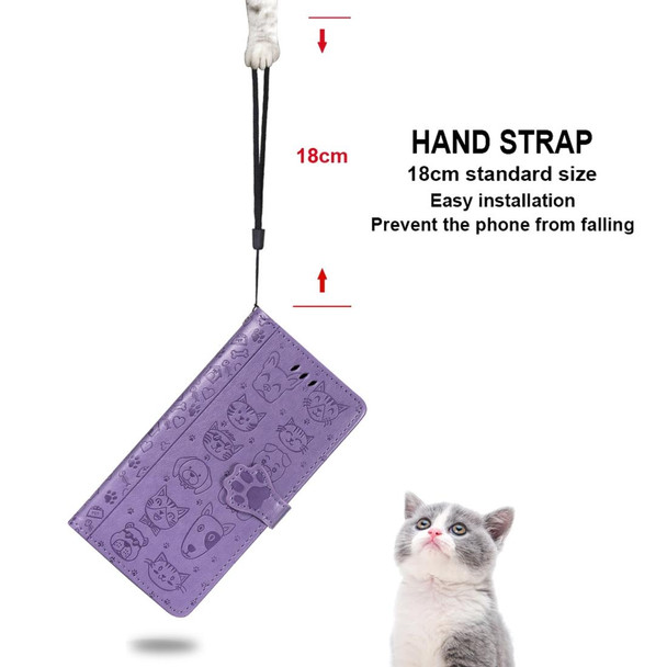 Galaxy A40 Cute Cat and Dog Embossed Horizontal Flip Leather Case with Bracket / Card Slot / Wallet / Lanyard(Purple)