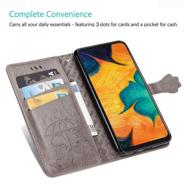 Galaxy A30 Cute Cat and Dog Embossed Horizontal Flip Leather Case with Bracket / Card Slot / Wallet / Lanyard(Purple)