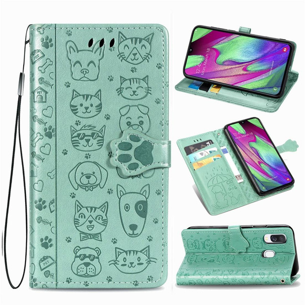 Galaxy A40 Cute Cat and Dog Embossed Horizontal Flip Leather Case with Bracket / Card Slot / Wallet / Lanyard(Green)