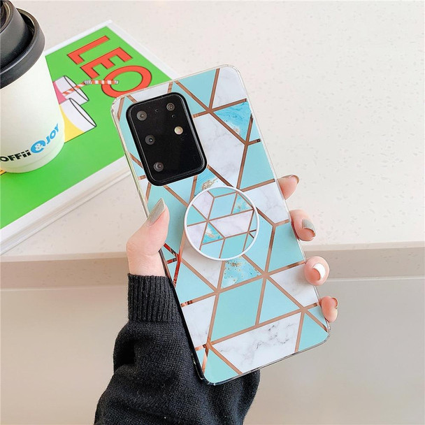 Galaxy A71 Plating Colorful Geometric Pattern Mosaic Marble TPU Mobile Phone Case with Folding Bracket(Green PF2)