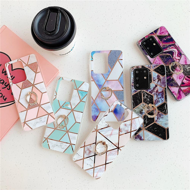 Galaxy S20 Plus Plating Colorful Geometric Pattern Mosaic Marble TPU Mobile Phone Case Rhinestone Stand Ring(Magenta PR5)