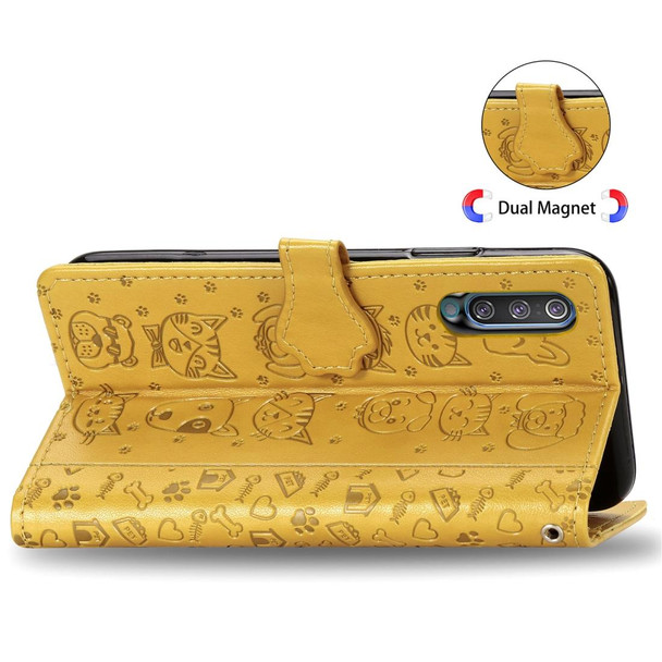 Galaxy A70/A70S Cute Cat and Dog Embossed Horizontal Flip Leather Case with Bracket / Card Slot / Wallet / Lanyard(Yellow)