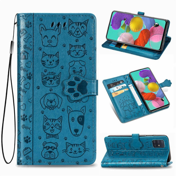 Galaxy A71 Cute Cat and Dog Embossed Horizontal Flip Leather Case with Bracket / Card Slot / Wallet / Lanyard(Blue)