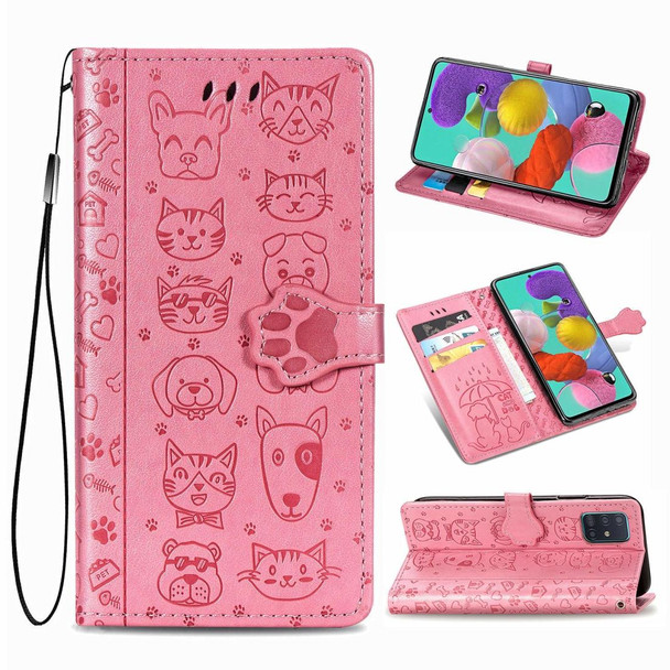 Galaxy A71 Cute Cat and Dog Embossed Horizontal Flip Leather Case with Bracket / Card Slot / Wallet / Lanyard(Pink)