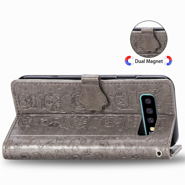 Galaxy S10 Cute Cat and Dog Embossed Horizontal Flip Leather Case with Bracket / Card Slot / Wallet / Lanyard(Gray)