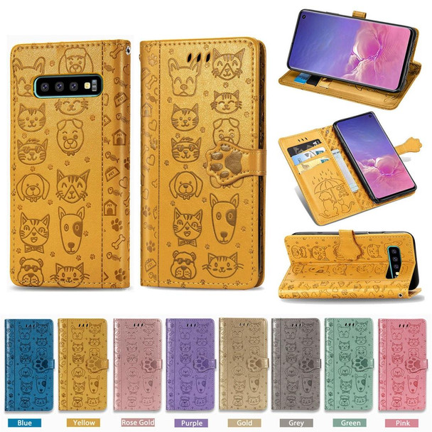 Galaxy S10 Cute Cat and Dog Embossed Horizontal Flip Leather Case with Bracket / Card Slot / Wallet / Lanyard(Gray)