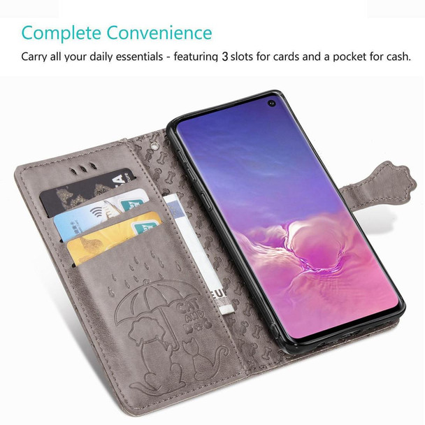 Galaxy S10 Cute Cat and Dog Embossed Horizontal Flip Leather Case with Bracket / Card Slot / Wallet / Lanyard(Gray)