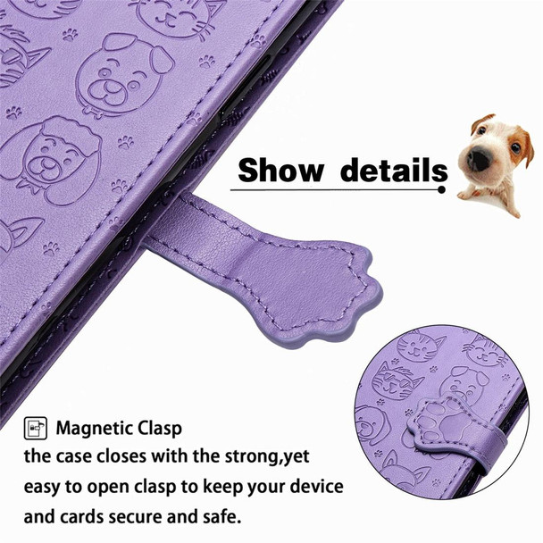 Galaxy S10 Plus Cute Cat and Dog Embossed Horizontal Flip Leather Case with Bracket / Card Slot / Wallet / Lanyard(Purple)