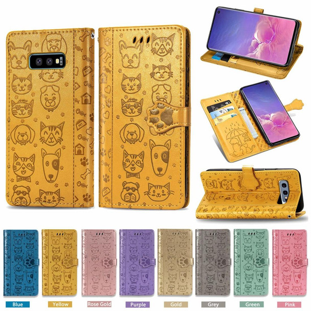 Galaxy S10E Cute Cat and Dog Embossed Horizontal Flip Leather Case with Bracket / Card Slot / Wallet / Lanyard(Green)