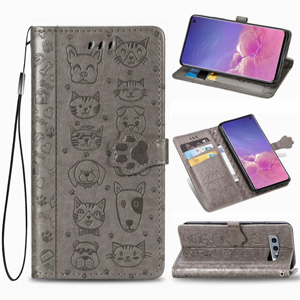 Galaxy S10E Cute Cat and Dog Embossed Horizontal Flip Leather Case with Bracket / Card Slot / Wallet / Lanyard(Gray)