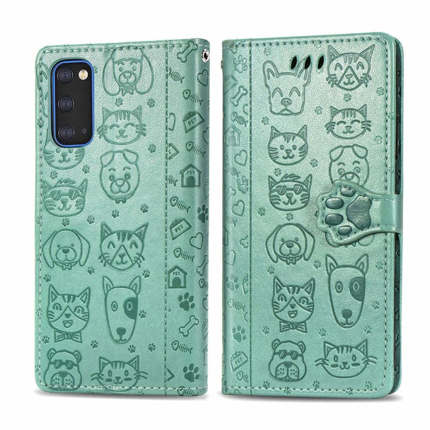 Galaxy S20 Cute Cat and Dog Embossed Horizontal Flip Leather Case with Bracket / Card Slot / Wallet / Lanyard(Green)