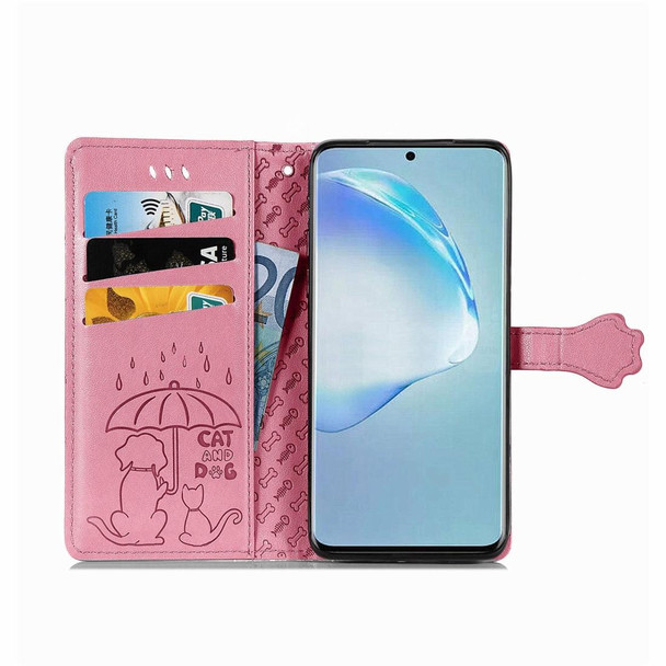 Galaxy S20 Plus Cute Cat and Dog Embossed Horizontal Flip Leather Case with Bracket / Card Slot / Wallet / Lanyard(Pink)