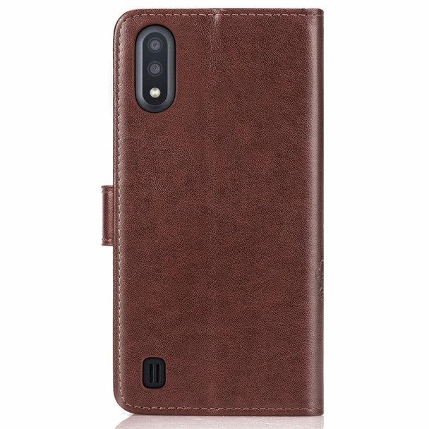 Galaxy A01 Lucky Clover Pressed Flowers Pattern Leather Case with Holder & Card Slots & Wallet & Hand Strap(Brown)