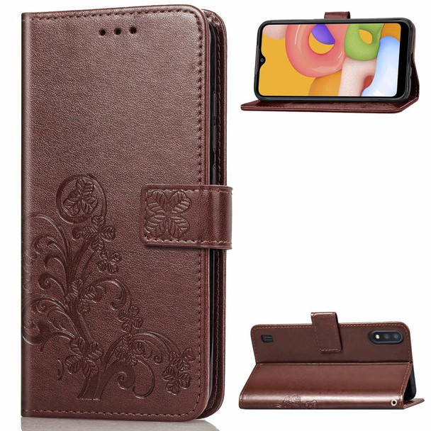 Galaxy A01 Lucky Clover Pressed Flowers Pattern Leather Case with Holder & Card Slots & Wallet & Hand Strap(Brown)