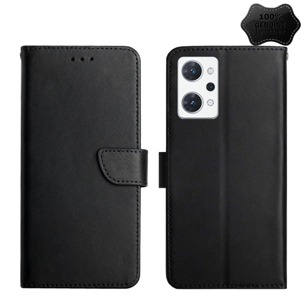 OPPO Reno7 A Genuine Leather Fingerprint-proof Flip Phone Case(Black)