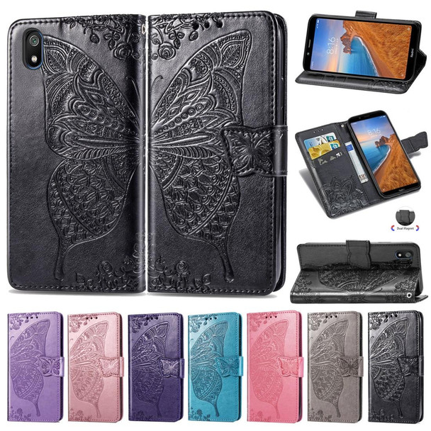 Butterfly Love Flowers Embossing Horizontal Flip Leatherette Case - Xiaomi Redmi 7A with Holder & Card Slots & Wallet & Lanyard(Lighe purple)