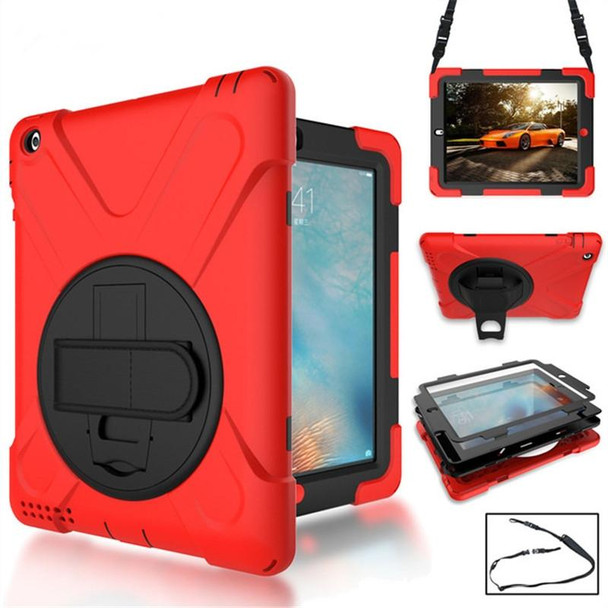 360 Degree Rotation Silicone Protective Cover with Holder and Hand Strap and Long Strap for iPad 9.7 (2017) & (2018)(Red)