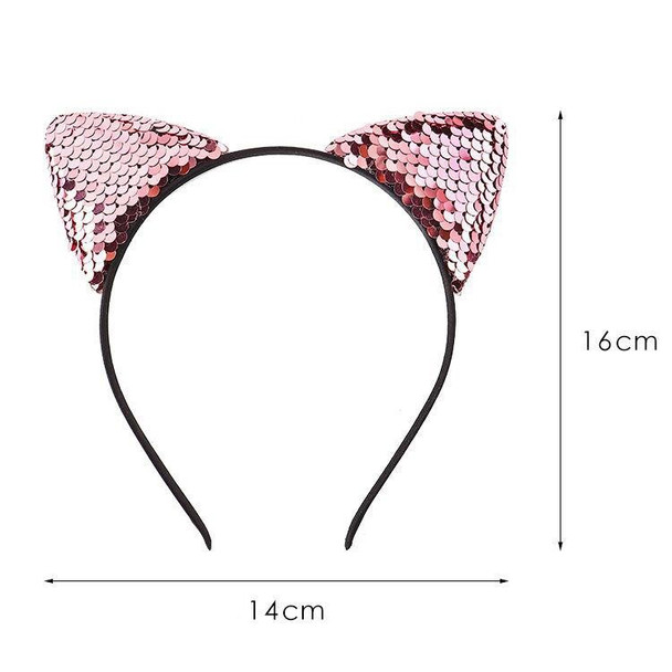 Glitter Flip Sequins Cat Ear Girl Hairband Headband Hair Hoop(Rose Red)
