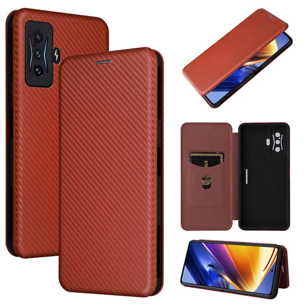 Xiaomi Poco F4 GT/Redmi K50 Gaming Carbon Fiber Texture Magnetic Horizontal Flip Leather Phone Case(Brown)
