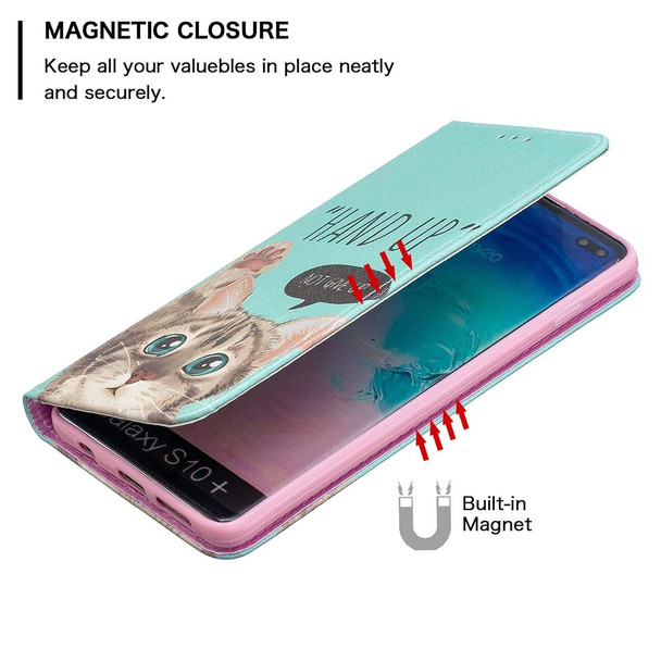 Samsung Galaxy S10 Plus Colored Drawing Pattern Invisible Magnetic Horizontal Flip PU Leather Case with Holder & Card Slots & Wallet(Cat)