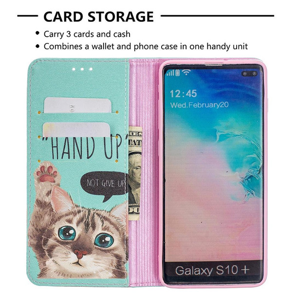 Samsung Galaxy S10 Plus Colored Drawing Pattern Invisible Magnetic Horizontal Flip PU Leather Case with Holder & Card Slots & Wallet(Cat)