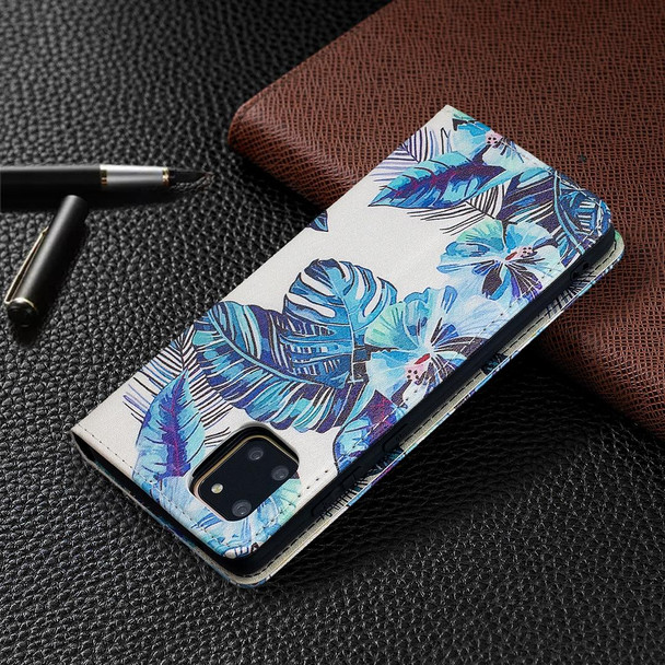 Samsung Galaxy A81 Colored Drawing Pattern Invisible Magnetic Horizontal Flip PU Leather Case with Holder & Card Slots & Wallet(Blue Leaf)