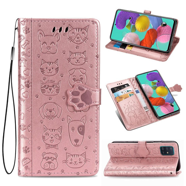 Galaxy A71 5G Cute Cat and Dog Embossed Horizontal Flip Leather Case with Bracket / Card Slot / Wallet / Lanyard(Rose Gold)