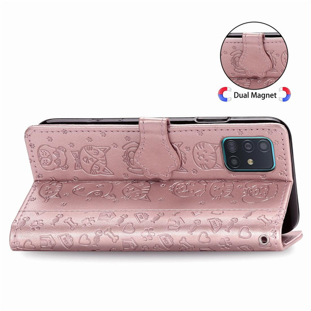 Galaxy A71 5G Cute Cat and Dog Embossed Horizontal Flip Leather Case with Bracket / Card Slot / Wallet / Lanyard(Rose Gold)