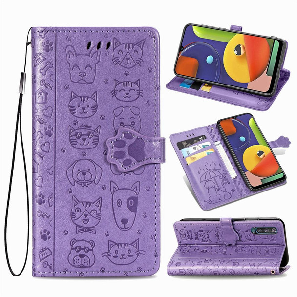 Galaxy A50/A30S/A50S Cute Cat and Dog Embossed Horizontal Flip Leather Case with Bracket / Card Slot / Wallet / Lanyard(Purple)