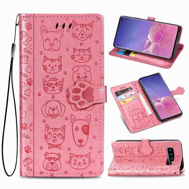 Galaxy S10 Cute Cat and Dog Embossed Horizontal Flip Leather Case with Bracket / Card Slot / Wallet / Lanyard(Pink)