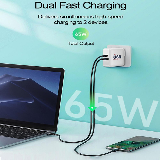 A6 65W QC 3.0 USB + PD Type-C Dual Fast Charging Laptop Adapter for MacBook Series, US Plug + EU Plug + AU Plug + UK Plug