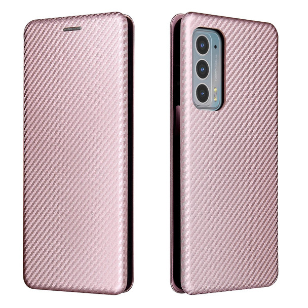 Motorola Edge 20 Carbon Fiber Texture Magnetic Horizontal Flip TPU + PC + PU Leather Case with Card Slot(Pink)