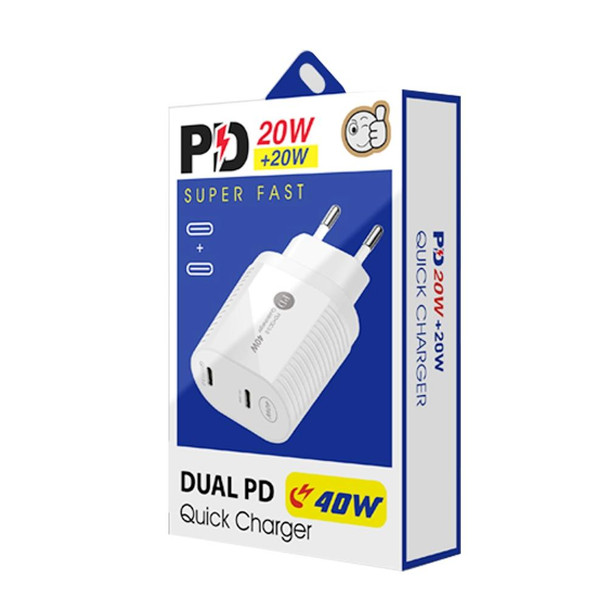 40W Dual Port PD / Type-C Fast Charger with Type-C to 8 Pin Data Cable, EU Plug(Black)