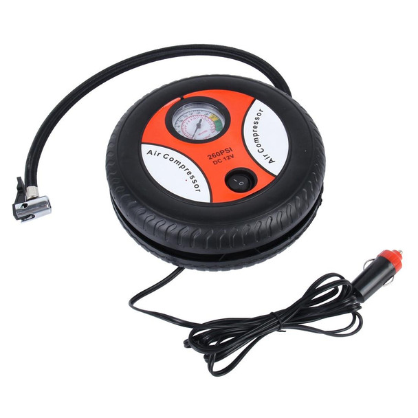 12V 10A Tire Shape Air Pump with Gauge and Three Nozzle Adapters Tire Inflator Compressor for Cars Vans Air Mattress Balls 250 PSI 25L/min