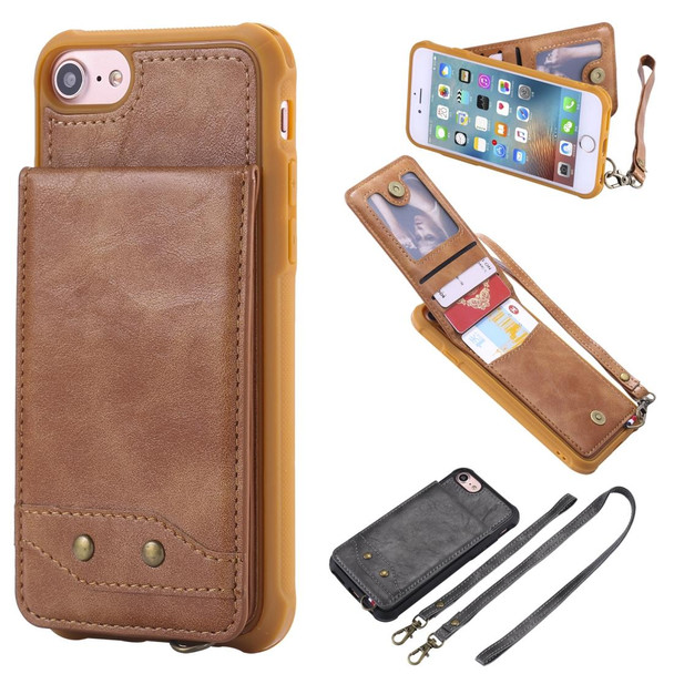 iPhone SE 2022 / SE 2020 / 8 / 7 Vertical Flip Shockproof Leather Protective Case with Long Rope, Support Card Slots & Bracket & Photo Holder & Wallet Function(Brown)
