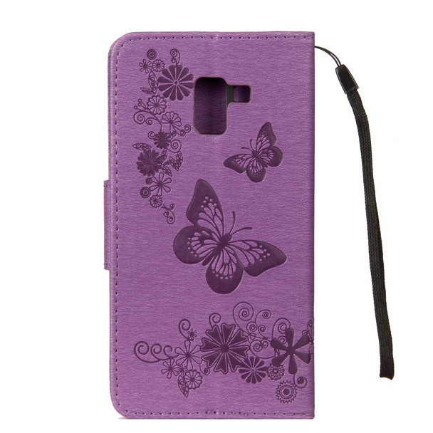 Galaxy A8 (2018) Vintage Embossed Floral Butterfly Pattern Horizontal Flip Leather Case with Card Slot & Holder & Wallet & Lanyard(Purple)