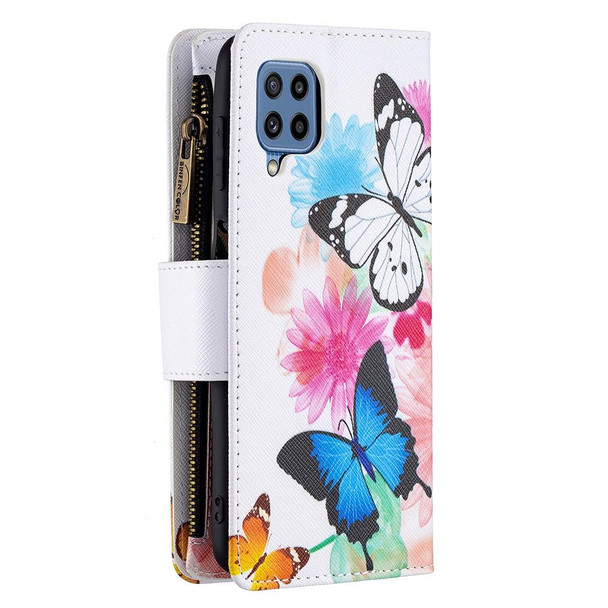Samsung Galaxy M32 Colored Drawing Pattern Zipper Horizontal Flip Leather Case with Holder & Card Slots & Wallet(Two Butterflies)