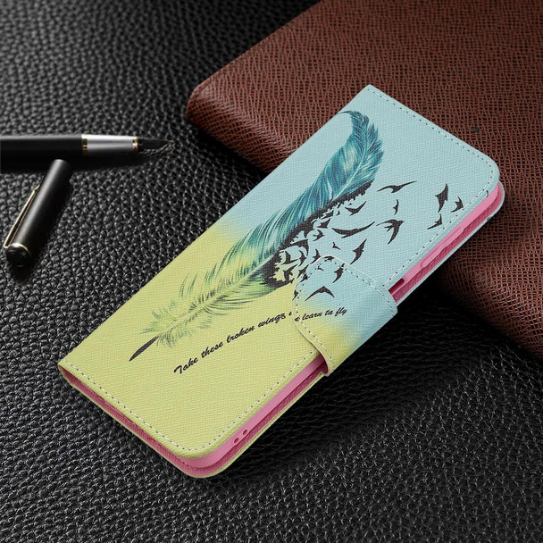 Samsung Galaxy M32 Colored Drawing Pattern Horizontal Flip Leather Case with Holder & Card Slots & Wallet(Feather)