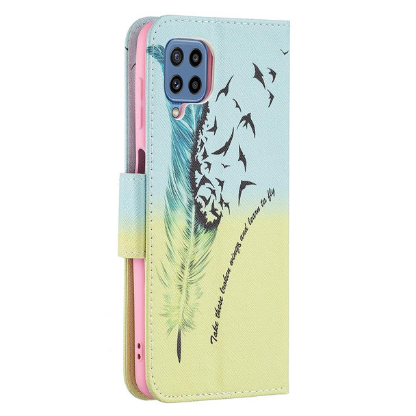 Samsung Galaxy M32 Colored Drawing Pattern Horizontal Flip Leather Case with Holder & Card Slots & Wallet(Feather)