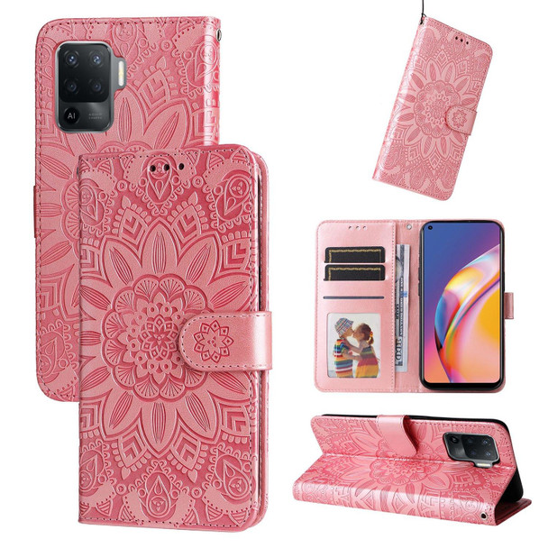 OPPO A94 4G / F19 Pro / Reno5 F Embossed Sunflower Leather Phone Case(Rose Gold)