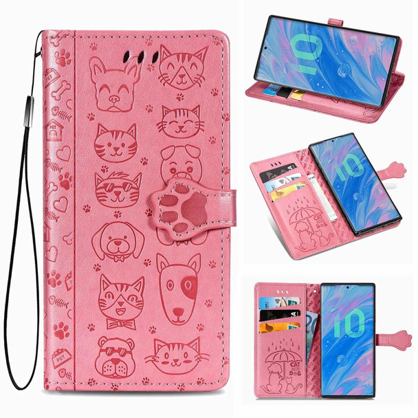 Galaxy Note 10 Pro Cute Cat and Dog Embossed Horizontal Flip Leather Case with Bracket / Card Slot / Wallet / Lanyard(Pink)