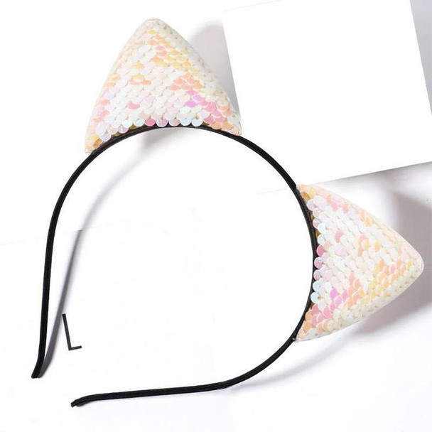 Glitter Flip Sequins Cat Ear Girl Hairband Headband Hair Hoop(AB white)