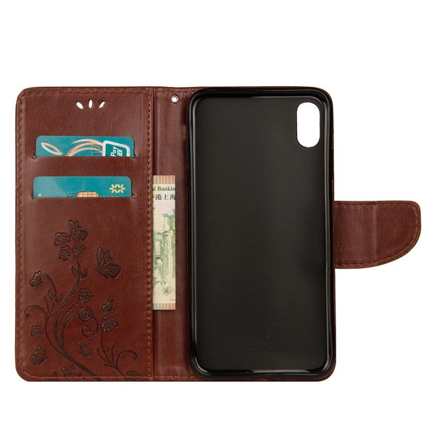 Embossed Butterfly Pattern Horizontal Flip Leatherette Case with Card Slot & Holder & Wallet & Lanyard - iPhone XS Max (Brown)