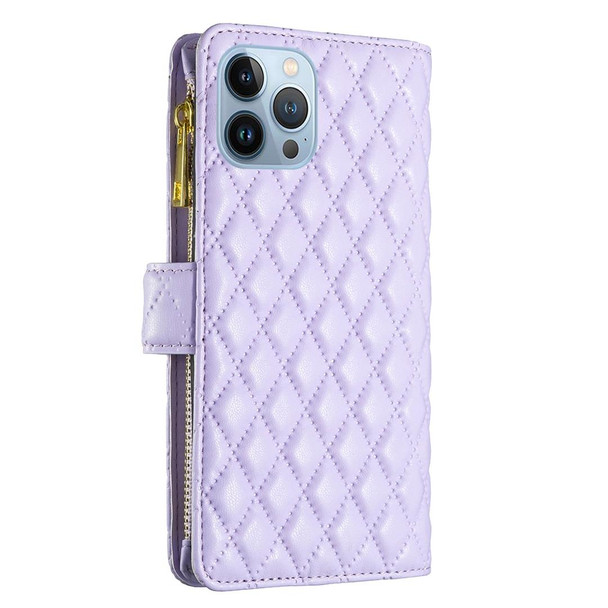 Diamond Lattice Zipper Wallet Leatherette Flip Phone Case - iPhone 13 Pro(Purple)