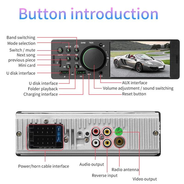 7805 4.1 inch Universal Car Radio Receiver MP5 Player, Support FM & Bluetooth & TF Card with Remote Control