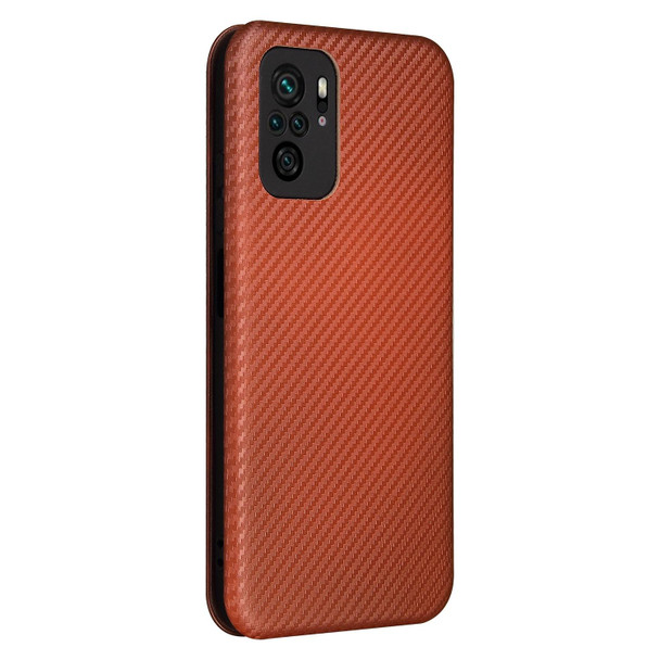 Xiaomi Redmi Note 10 Pro Carbon Fiber Texture Magnetic Horizontal Flip TPU + PC + PU Leather Case with Card Slot(Brown)